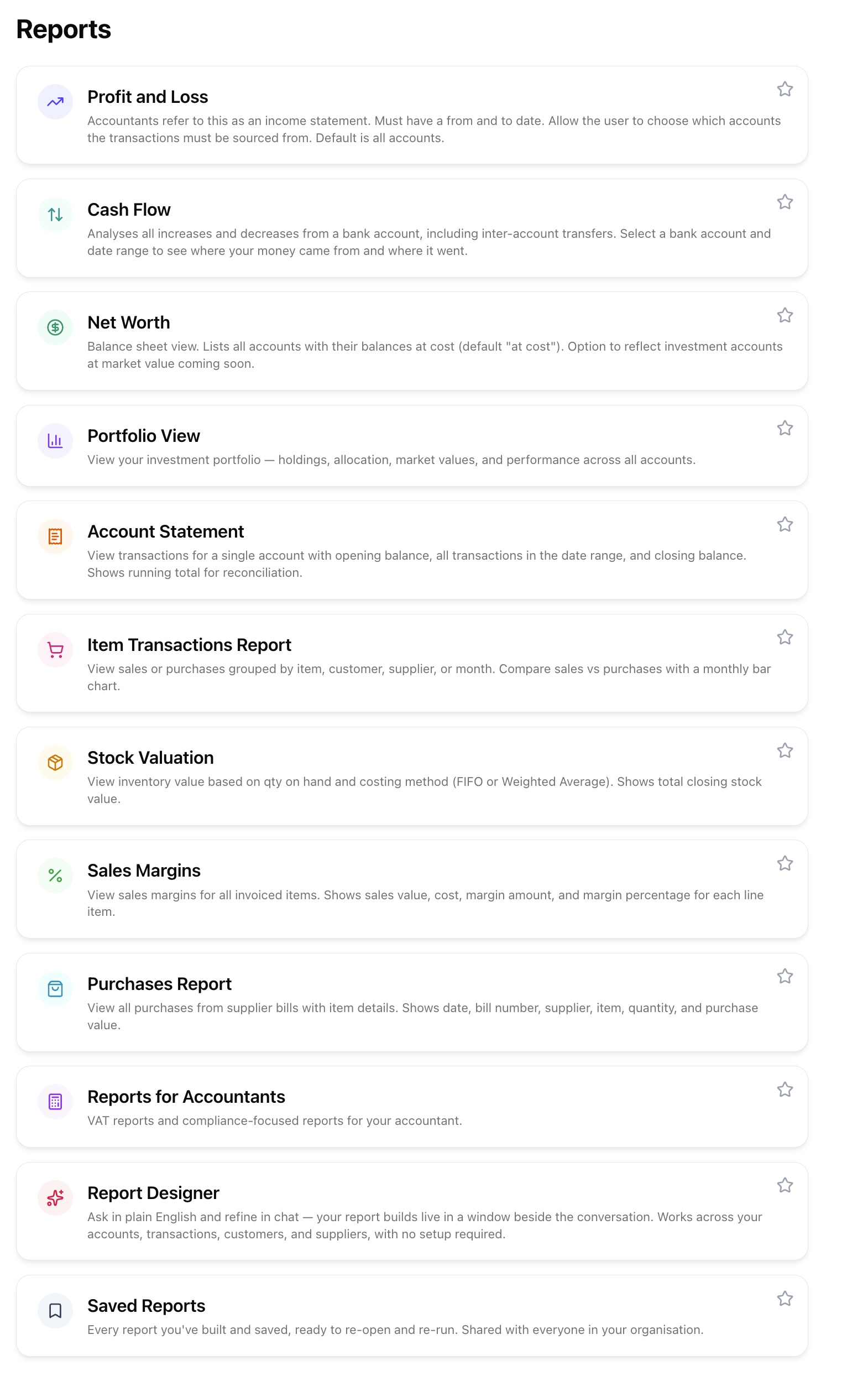 The Reports hub โ every report one click away. The stock, sales and VAT reports shown here appear once you switch on Business mode.