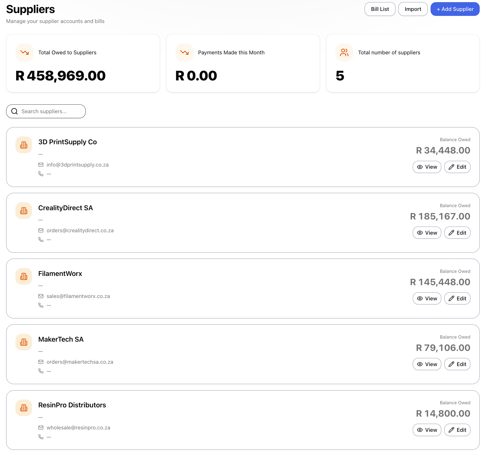 The Suppliers area โ supplier accounts, bills, purchase orders and returns.